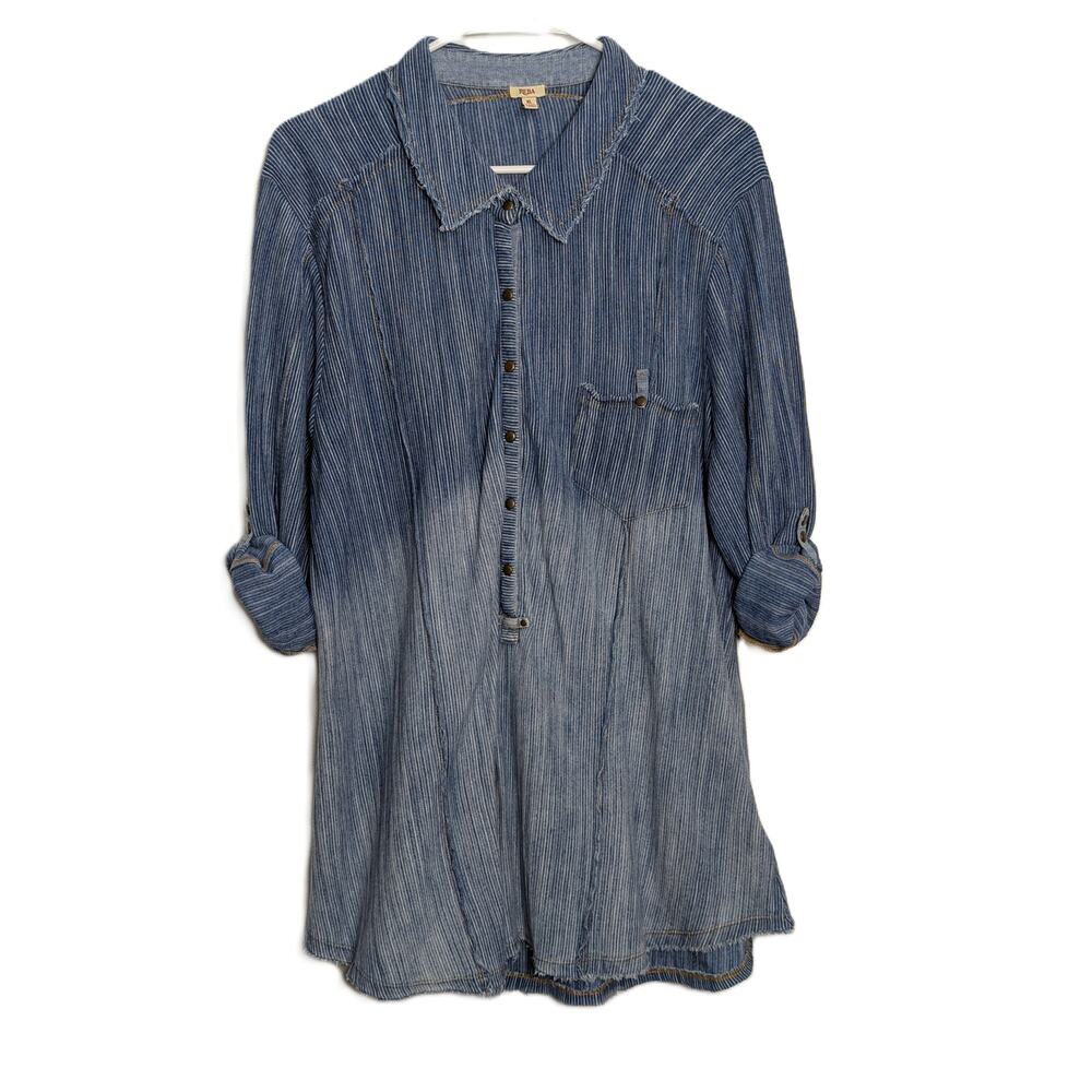 Women's REBA Blue & White Striped Long Sleeve Denim Tunic Top Size XL